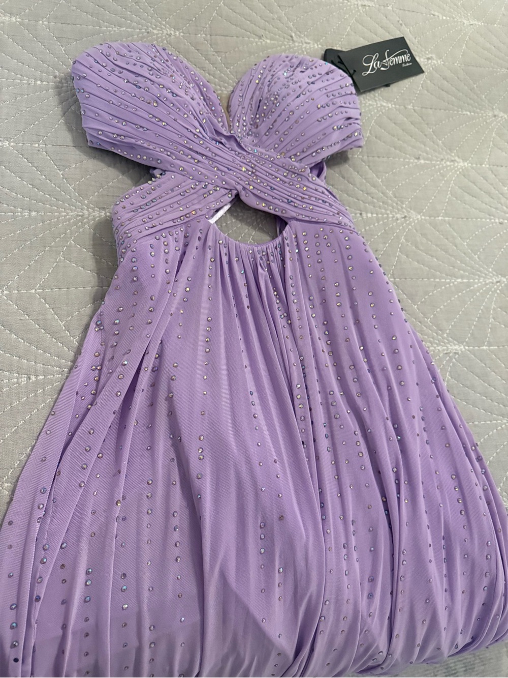 La Femme Lavender Strapless Crystal-Embellished Formal Gown